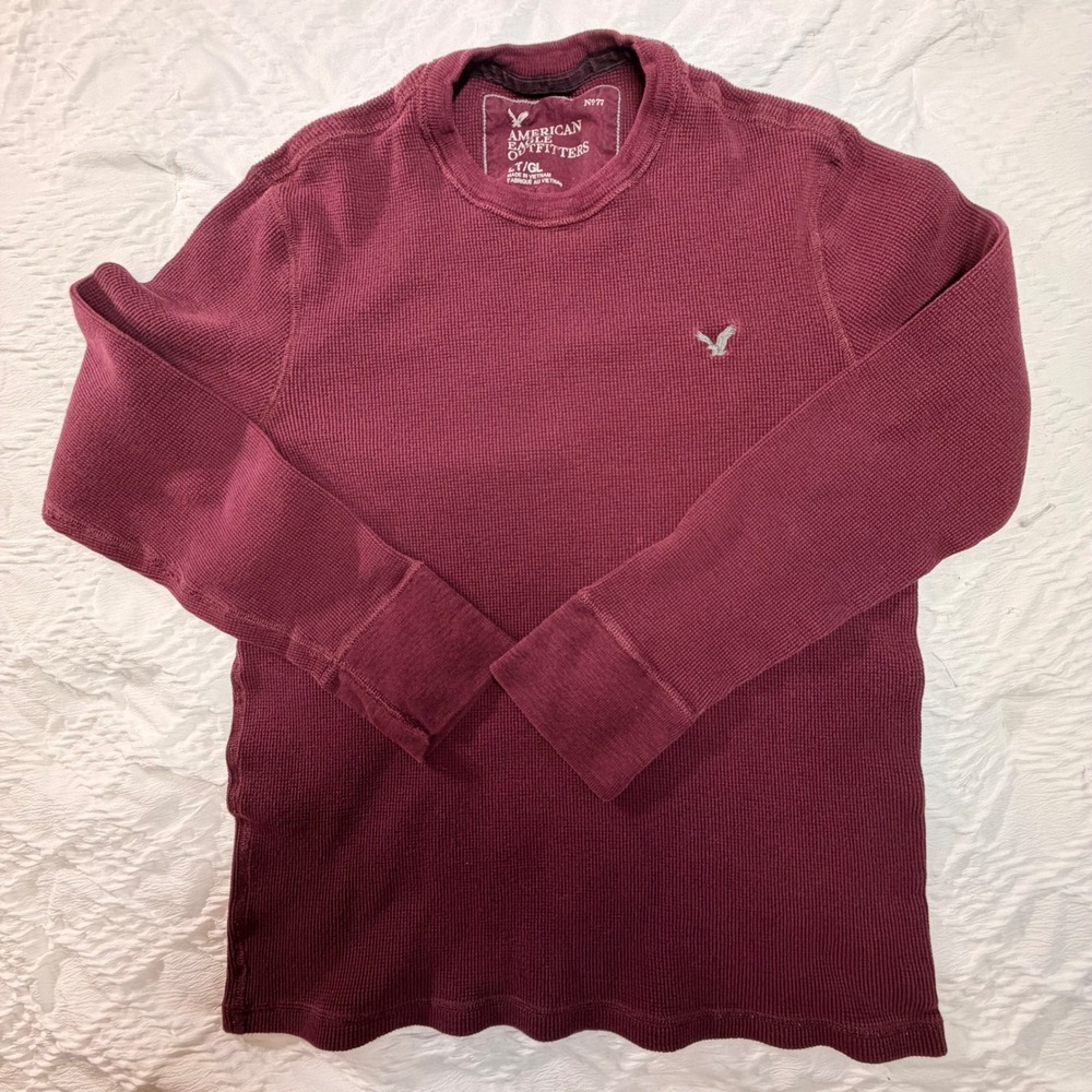 American Eagle Thermal Shirt Mens L Maroon Waffle Knit Long Sleeve Logo